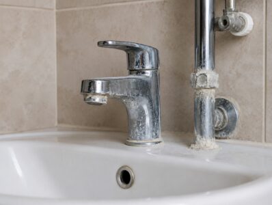 Co oznacza biały osad wokół baterii i rur?